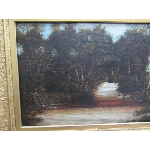 6130 - English School 19th Century rural landscape depicting river, cattle, road and bridge, oil on canvas ... 