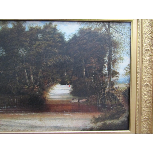 6130 - English School 19th Century rural landscape depicting river, cattle, road and bridge, oil on canvas ... 