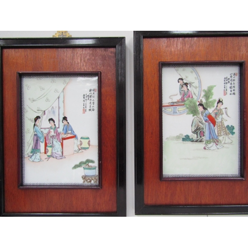 6151 - Four framed 20th Century Oriental decorative porcelain panels depicting tea ceremony and exterior sc... 