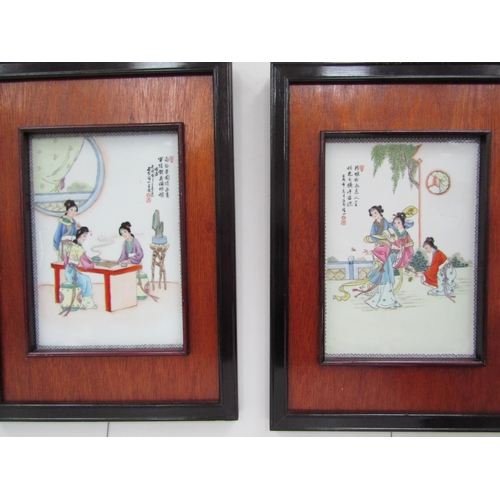 6151 - Four framed 20th Century Oriental decorative porcelain panels depicting tea ceremony and exterior sc... 