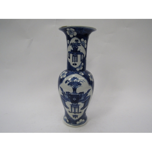 6158 - A Chinese blue and white vase with two cartouches depicting interior scene of vase of flowers and fu... 