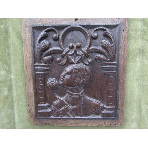 6179 - A 17th Century or earlier carved oak panel, mounted on green velour frame 23cm x 21cm