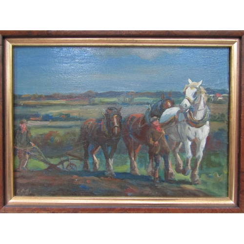 6181 - Two 20th Century Rural Farming scenes with team of horses, plough and hayknife, oil on boards, monog... 