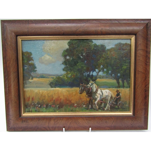 6181 - Two 20th Century Rural Farming scenes with team of horses, plough and hayknife, oil on boards, monog... 
