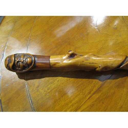 6201 - A knarled twisted wood walking cane with carved double ended mask of a man, 92cm long    (R) £100