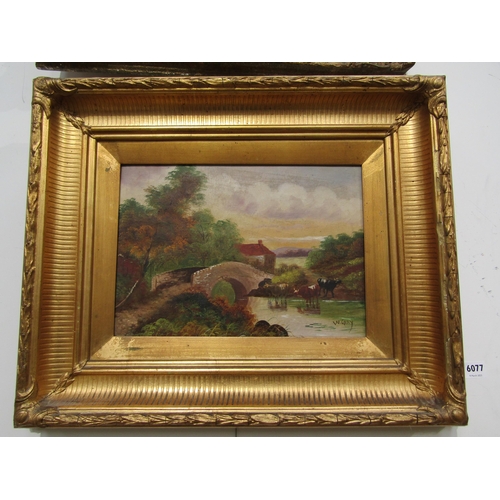 6077 - W.GRAY- A 19th Century oil on canvas rural scene with cattle in river, gilt framed, 24cm x 34cm