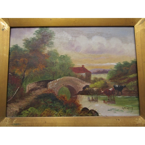 6077 - W.GRAY- A 19th Century oil on canvas rural scene with cattle in river, gilt framed, 24cm x 34cm