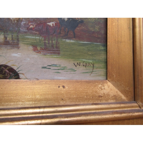 6077 - W.GRAY- A 19th Century oil on canvas rural scene with cattle in river, gilt framed, 24cm x 34cm