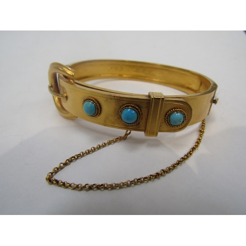 6247 - A high carat gold buckle hinge bangle with turquoise cabochons, unmarked,  17.7g