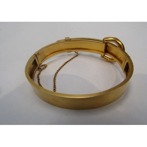 6247 - A high carat gold buckle hinge bangle with turquoise cabochons, unmarked,  17.7g