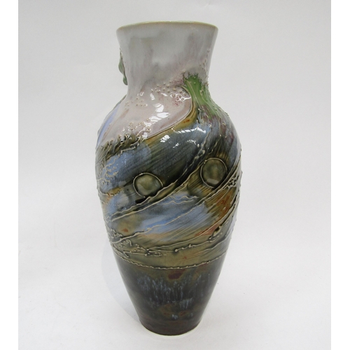 6262 - A Royal Doulton Mark V Marshall vase decorated with a dragon in high relief, two pearls and wave det... 