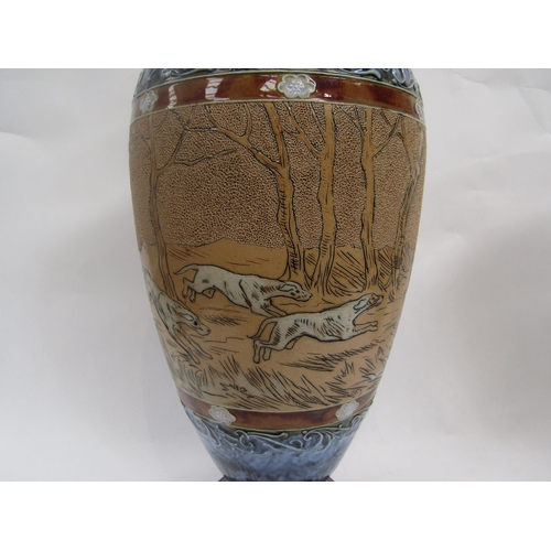 6266 - A Royal Doulton Hannah Barlow vase decorated in scraffito with stag hunting scene. Firing crack to b... 