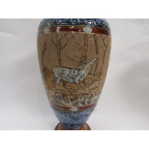 6266 - A Royal Doulton Hannah Barlow vase decorated in scraffito with stag hunting scene. Firing crack to b... 