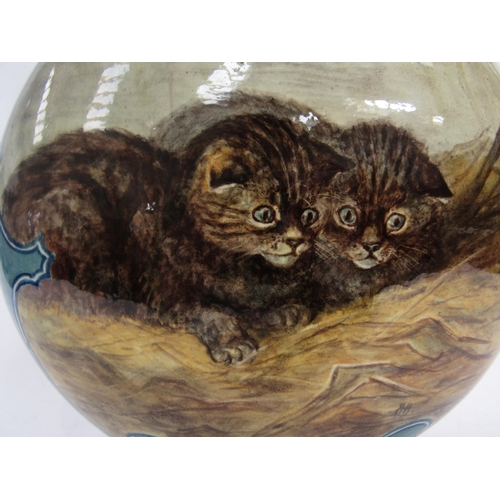 6267 - A Doulton Lambeth Hannah Barlow Faience moonflask, decorated with kittens to one side and a cat and ... 