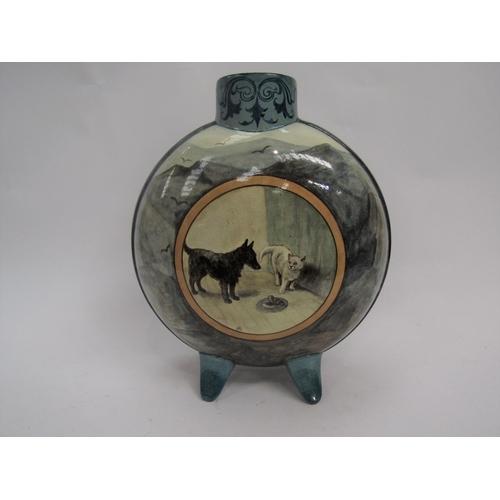 6267 - A Doulton Lambeth Hannah Barlow Faience moonflask, decorated with kittens to one side and a cat and ... 