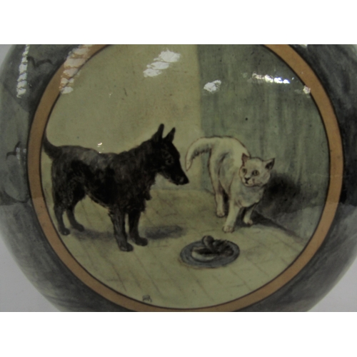 6267 - A Doulton Lambeth Hannah Barlow Faience moonflask, decorated with kittens to one side and a cat and ... 