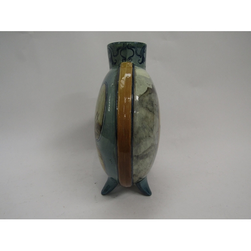 6267 - A Doulton Lambeth Hannah Barlow Faience moonflask, decorated with kittens to one side and a cat and ... 