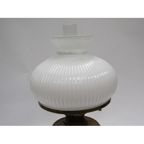 6156 - A Hinks No 2 duplex lamp with opaque melon fluted glass shade with fluted reservoir in three footed ... 