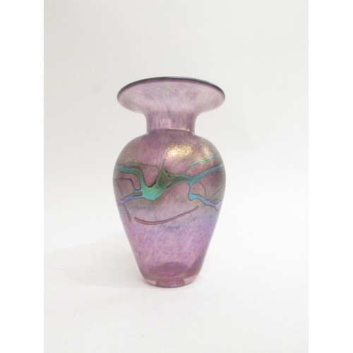 9193 - RICHARD HELD (XX) A studio glass iridescent vase in amethyst and blue colours, flared rim. Incised s... 