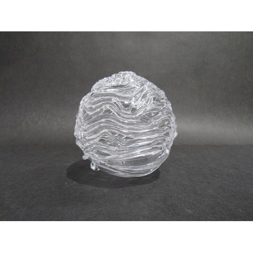 9212 - An art glass random strap caged ball in clear glass, unmarked. 14cm high    (C)