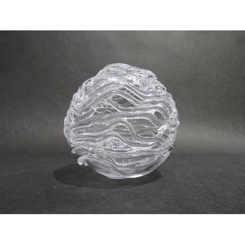 9212 - An art glass random strap caged ball in clear glass, unmarked. 14cm high    (C)