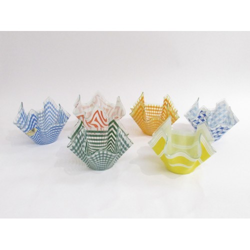 9215 - A collection of six Chance glass small handkerchief vases in various patterns and colours. 10cm high