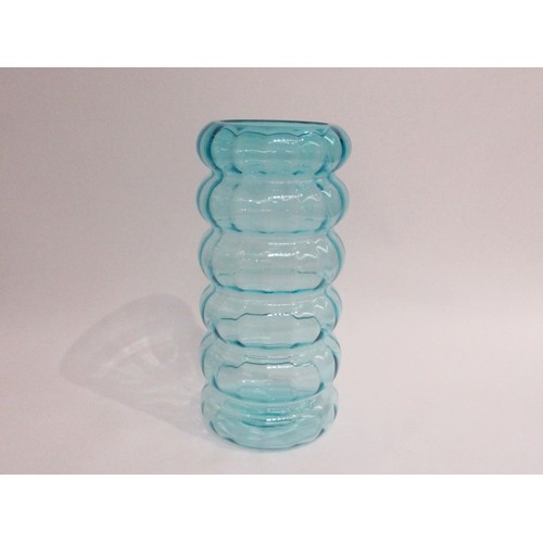 9166 - An art glass hand blown tall 'hooped' vase in pale blue. Unmarked. 32.5cm high