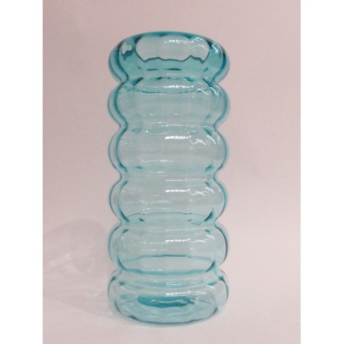 9166 - An art glass hand blown tall 'hooped' vase in pale blue. Unmarked. 32.5cm high