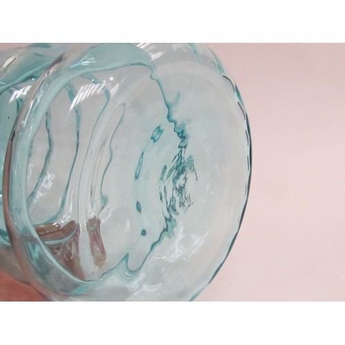 9166 - An art glass hand blown tall 'hooped' vase in pale blue. Unmarked. 32.5cm high