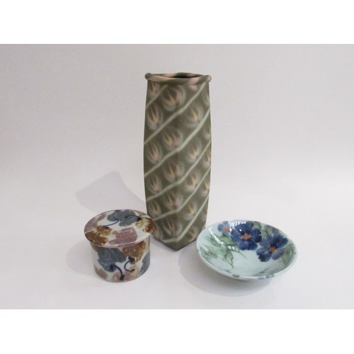 9095 - A Jo Connell studio pottery vase, 30cm high, together with a lidded pot and bowl with under glazed d... 