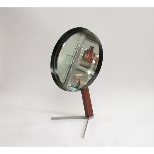 9342 - A Durlston dressing table mirror on teak and steel stand, black metal mirror casing, 40cm high