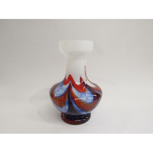 9149 - A Murano Carlo Moretti glass vase with mottled swag detail in blues and red on white ground, 23cm hi... 