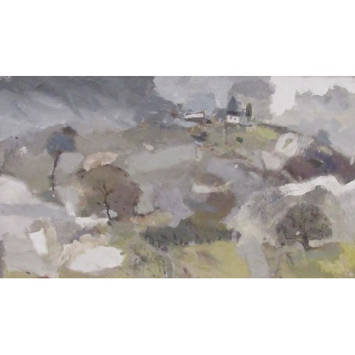 9444 - A Mid 20th Century oil on board in the manner of Mary Newcomb, hill top cottage with tree's in greys... 