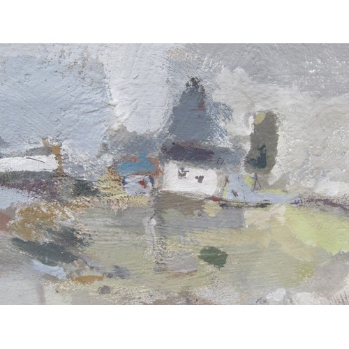 9444 - A Mid 20th Century oil on board in the manner of Mary Newcomb, hill top cottage with tree's in greys... 