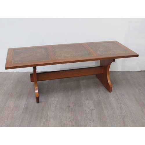 9303 - A G-Plan hardwood coffee table with inset beaten copper panel top, 131.5cm x 52cm x 46cm high      (... 