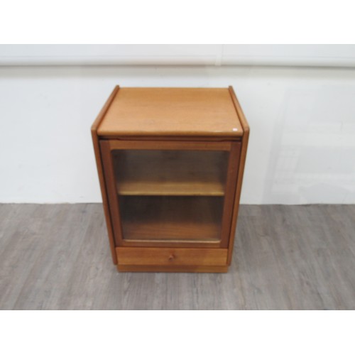 9313 - A Mid Century teak Hi-Fi cabinet with glazed door and lift up top, 51.5cm x 47cm x 75.5cm