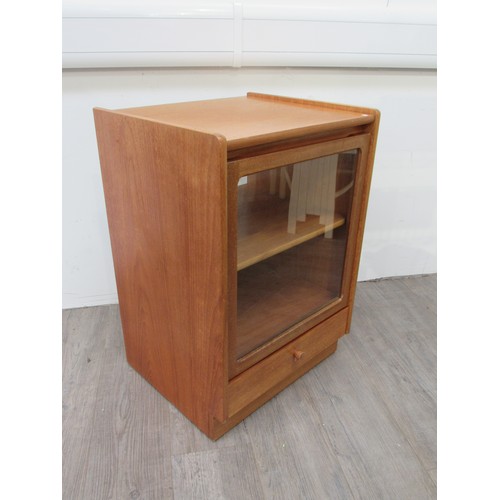 9313 - A Mid Century teak Hi-Fi cabinet with glazed door and lift up top, 51.5cm x 47cm x 75.5cm