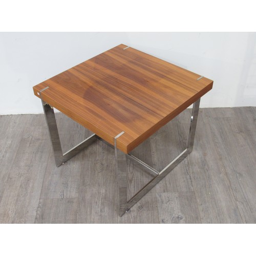 9355 - A hardwood and flat chromed metal square coffee/side table in the Merrow style. 60cm x 60cm x 50cm h... 