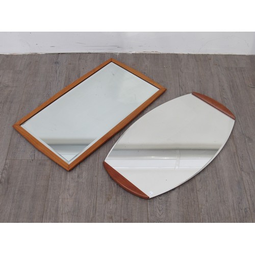 9291 - Two mid century teak wall mirrors, 65.5cm x 38cm and 66.5cm x 38.5cm