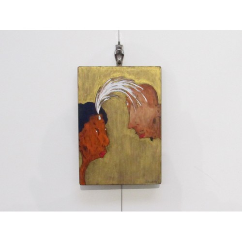 9442 - A small oil on board titled 'Flirtas' by the Lithuanian artist Rolana Ceckavskaite. Signed bottom ri... 