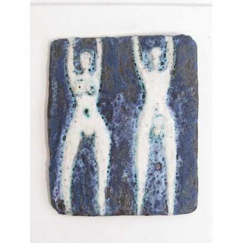 9092 - Two studio ceramic tiles mounted onto board depicting female and male nude figures in textured finis... 