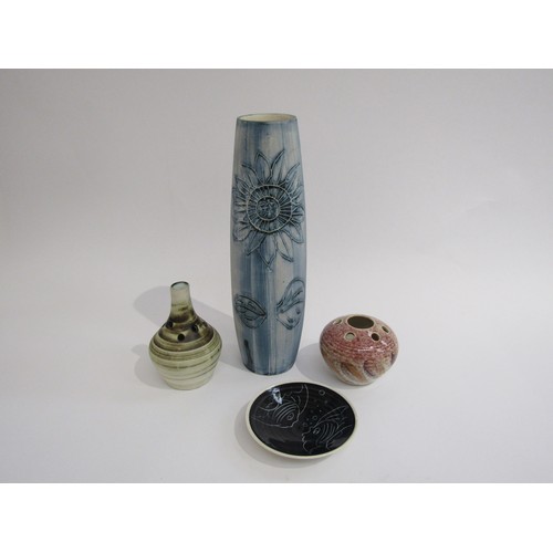 9111 - A Carn pottery vase with blue glaze, 28cm tall and smaller Carn vase, Jersey pottery dish and Joe Le... 