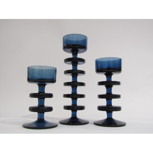 9169 - Three Sheringham candleholders in blue glass 1 x 5 ring, 1 x 3 ring and 1 x 2 ring, designed by Rona... 