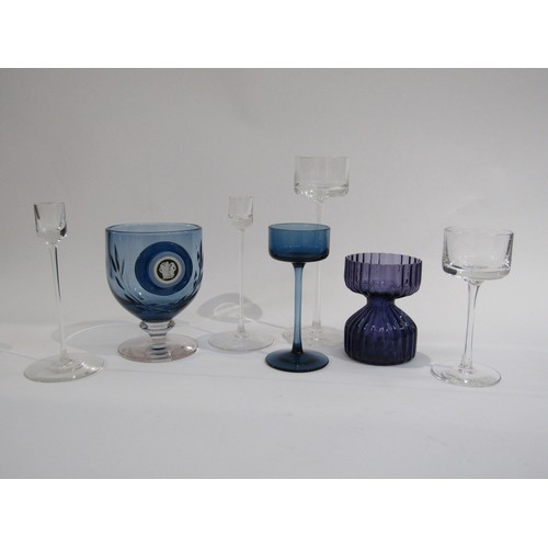 9174 - A pair of Sandringham Wedgwood candlesticks, three Brancaster candlesticks (1 blue/clear), Purple RS... 