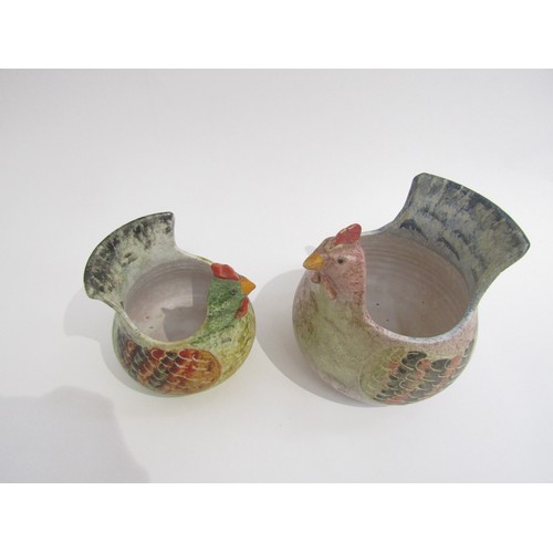 9041 - Two hand painted 'Italica Ars Pottery' ceramic stylised chicken vases, circa 1980's, tallest 13cm