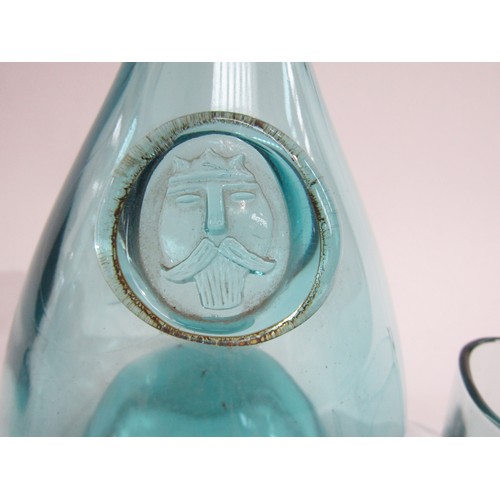 9148 - An Ole Winter Holmegaard glass carafe and five glasses in pale blue, decanter 23cm high