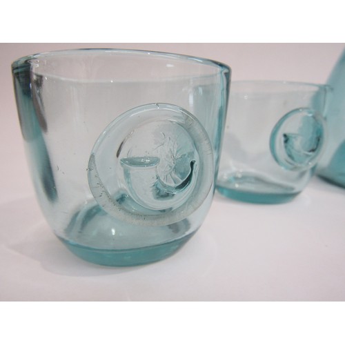 9148 - An Ole Winter Holmegaard glass carafe and five glasses in pale blue, decanter 23cm high