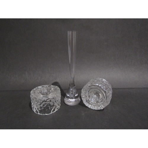 9180 - Two Whitefriars flint candleholders and bud vase pat.9566 by W. Wilson, made by 