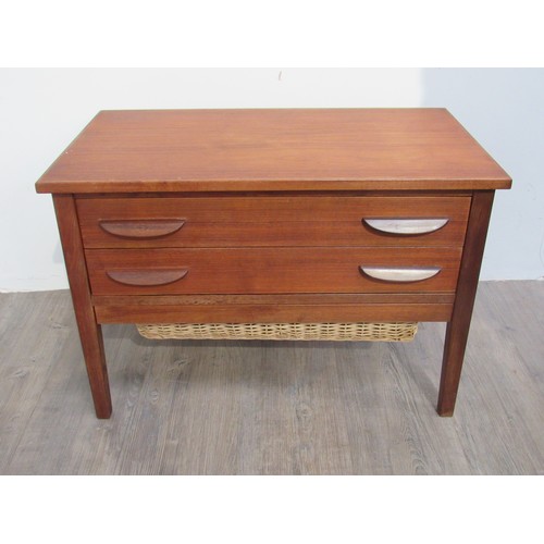 9364 - A Danish teak two drawer sewing table with basket.  69cm x 39.5cm x  47.5cm high