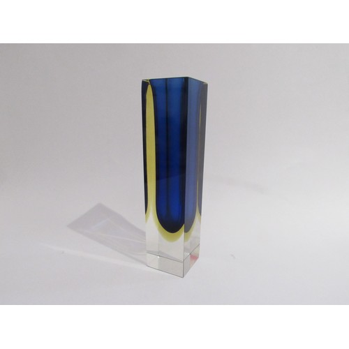 9153 - A Murano Sommerso squared blue and amber glass vase encased in clear.  30cm high